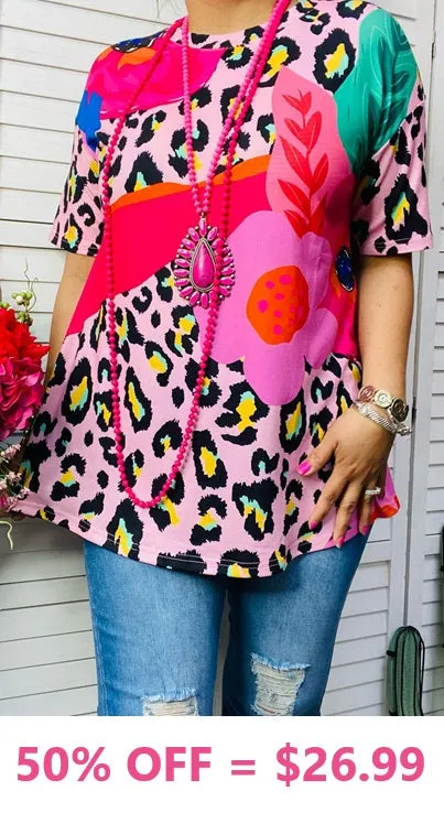 S,  L,  Pink Flower & Leopard short sleeve flutter top