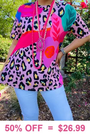 S,  L,  Pink Flower & Leopard short sleeve flutter top