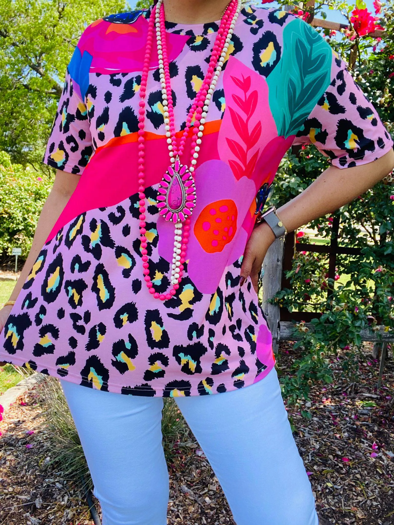 S,  L,  Pink Flower & Leopard short sleeve flutter top