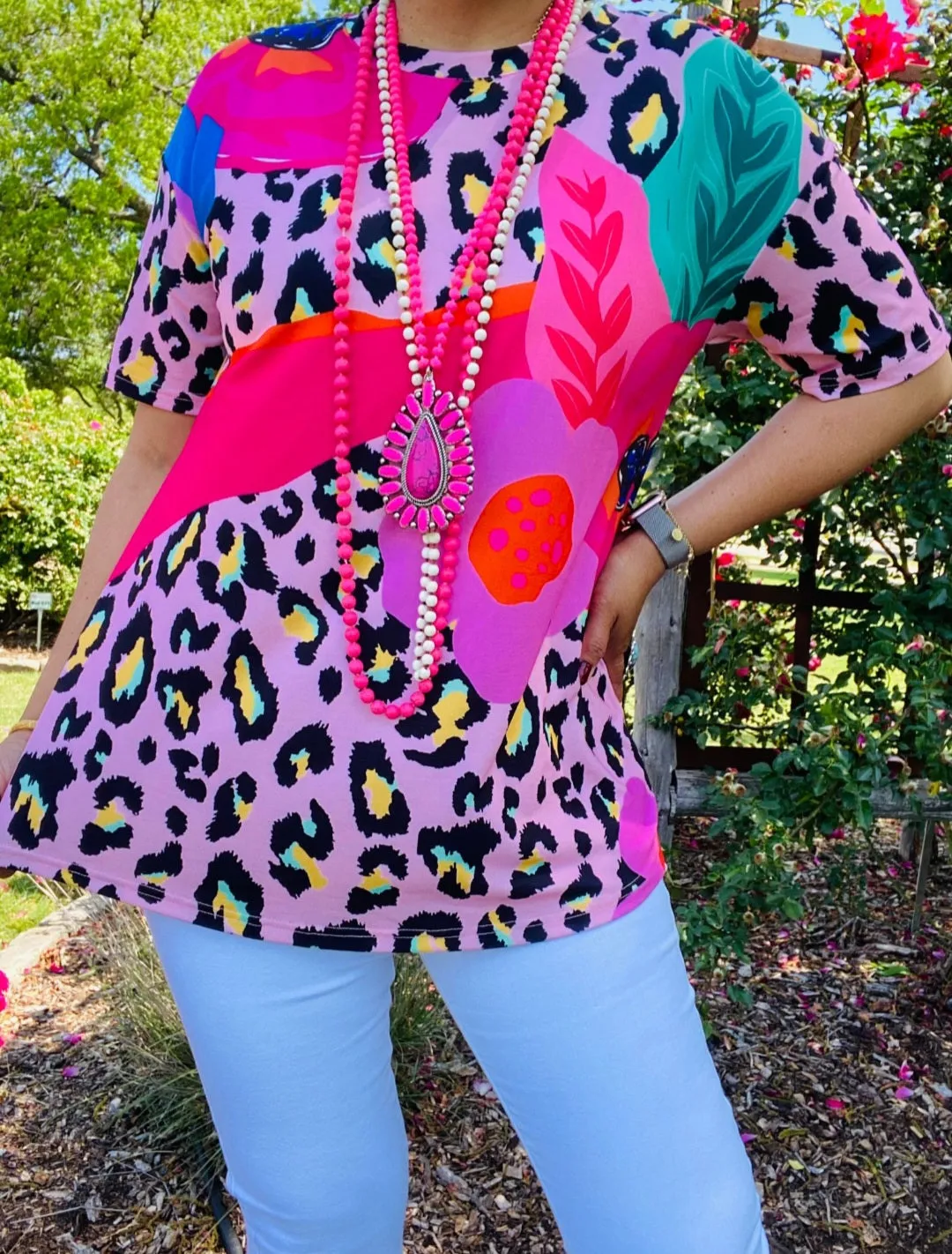 S,  L,  Pink Flower & Leopard short sleeve flutter top