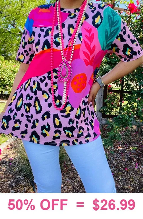 S,  L,  Pink Flower & Leopard short sleeve flutter top