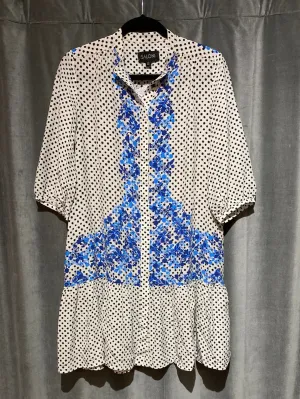 Saloni White Collarless Polka Dot with Blue Flower shirtdress