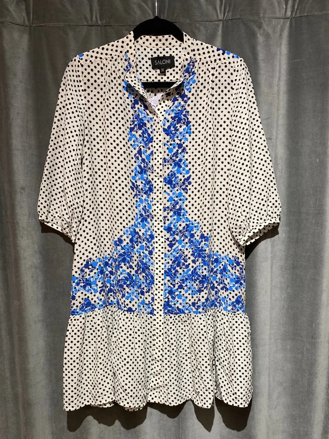Saloni White Collarless Polka Dot with Blue Flower shirtdress