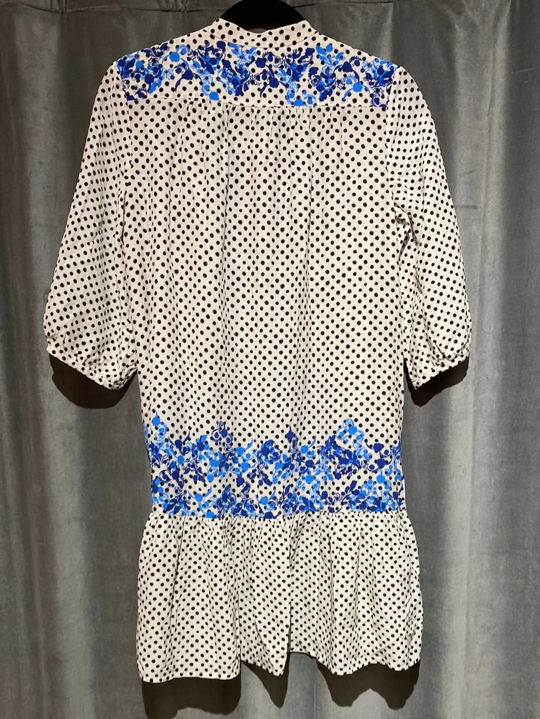 Saloni White Collarless Polka Dot with Blue Flower shirtdress