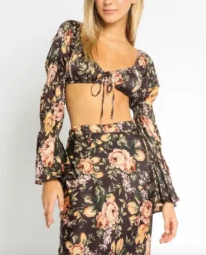 Satin Tie Puff Bell Sleeve Sweetheart Crop Top