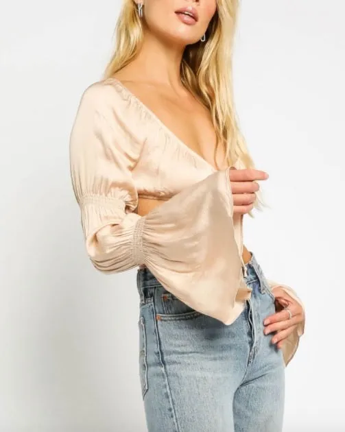Satin Tie Puff Bell Sleeve Sweetheart Crop Top