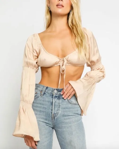 Satin Tie Puff Bell Sleeve Sweetheart Crop Top