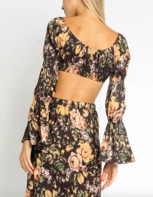 Satin Tie Puff Bell Sleeve Sweetheart Crop Top