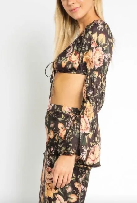 Satin Tie Puff Bell Sleeve Sweetheart Crop Top