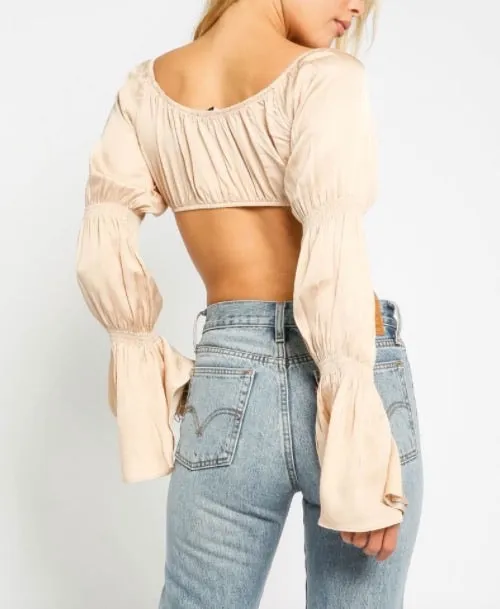 Satin Tie Puff Bell Sleeve Sweetheart Crop Top