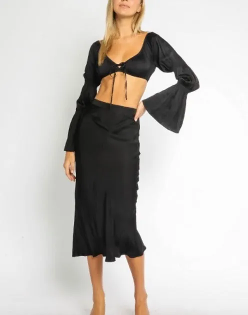 Satin Tie Puff Bell Sleeve Sweetheart Crop Top