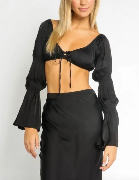 Satin Tie Puff Bell Sleeve Sweetheart Crop Top