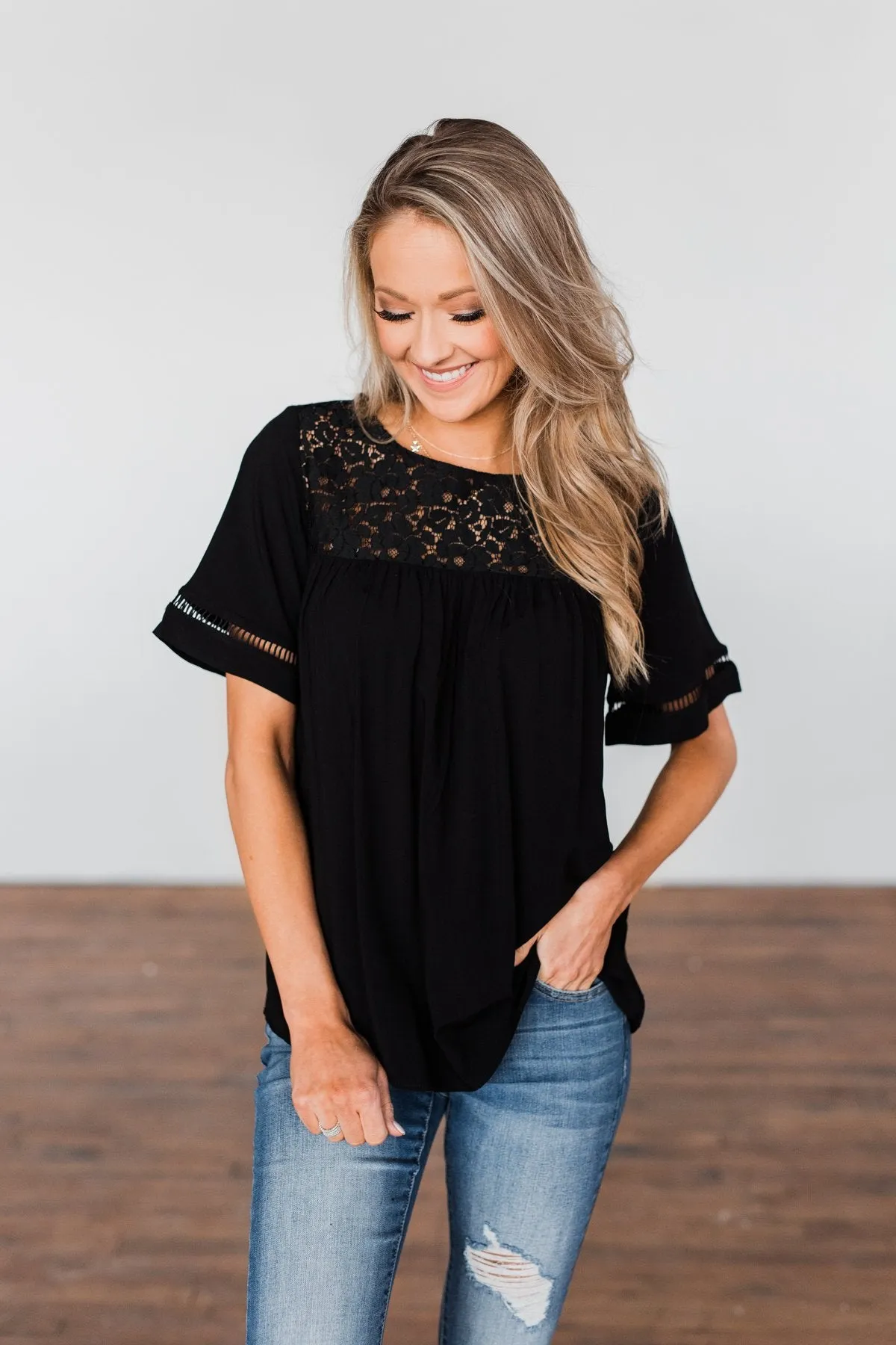 Seeing Your Heart Lace Detail Top- Black
