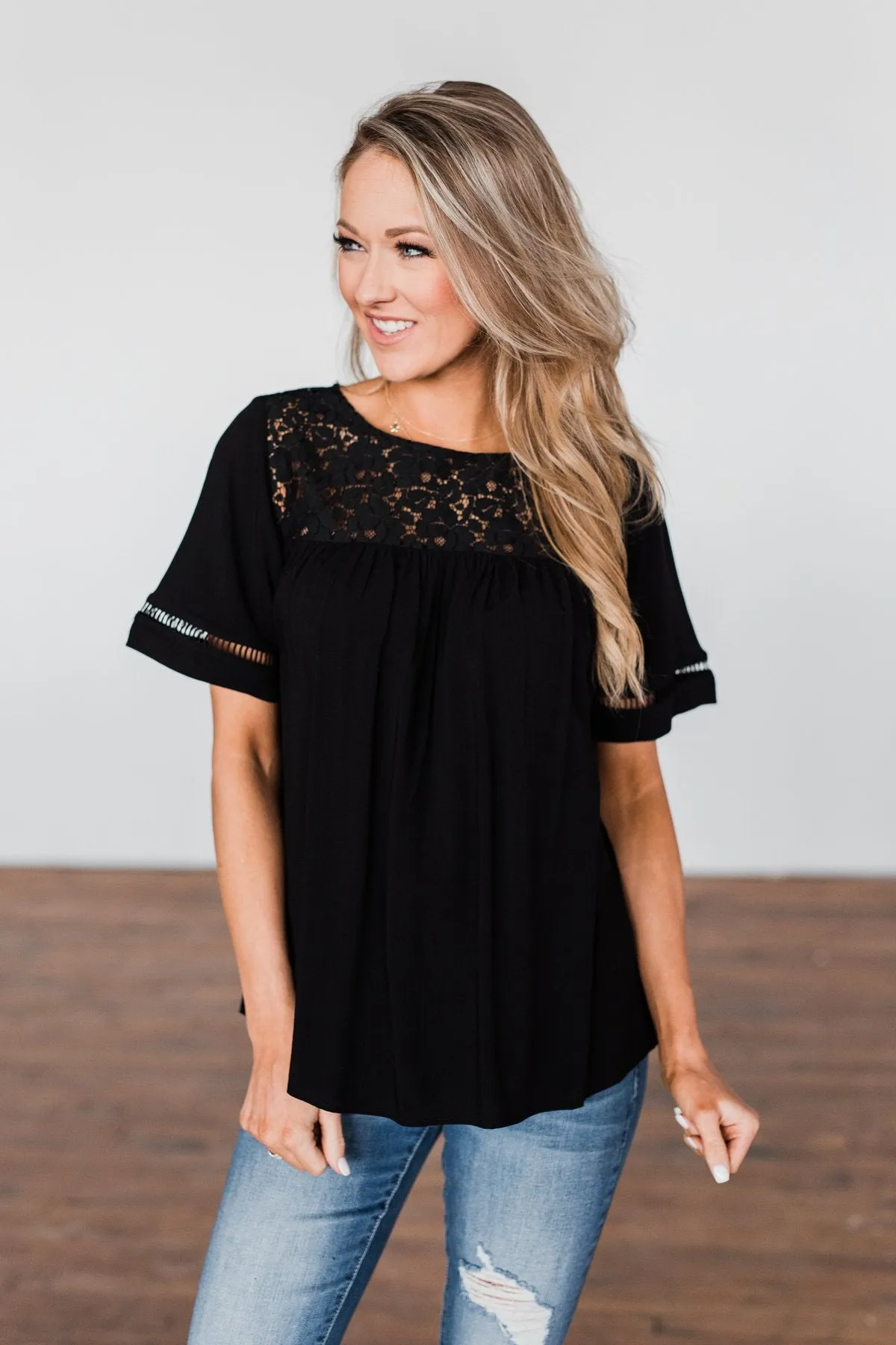 Seeing Your Heart Lace Detail Top- Black
