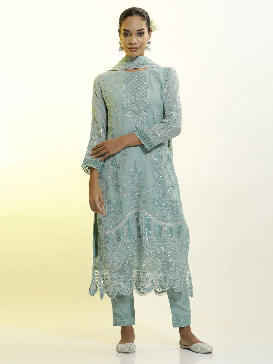 Sequins Embroidered Georgette Festive Kurta Set With Dupatta