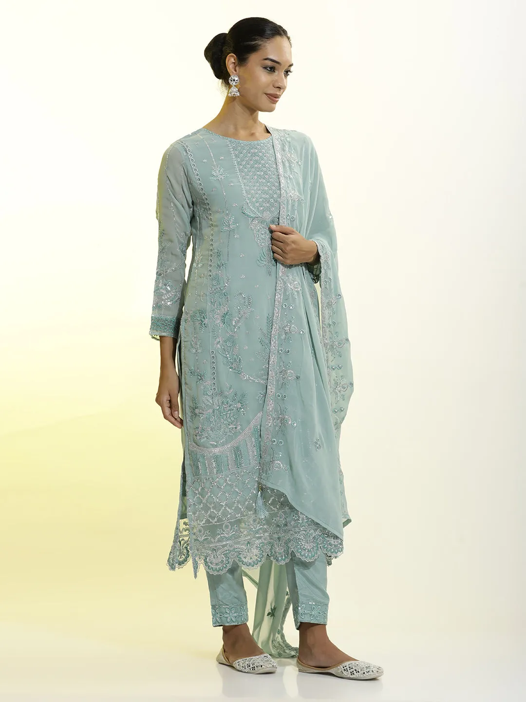 Sequins Embroidered Georgette Festive Kurta Set With Dupatta