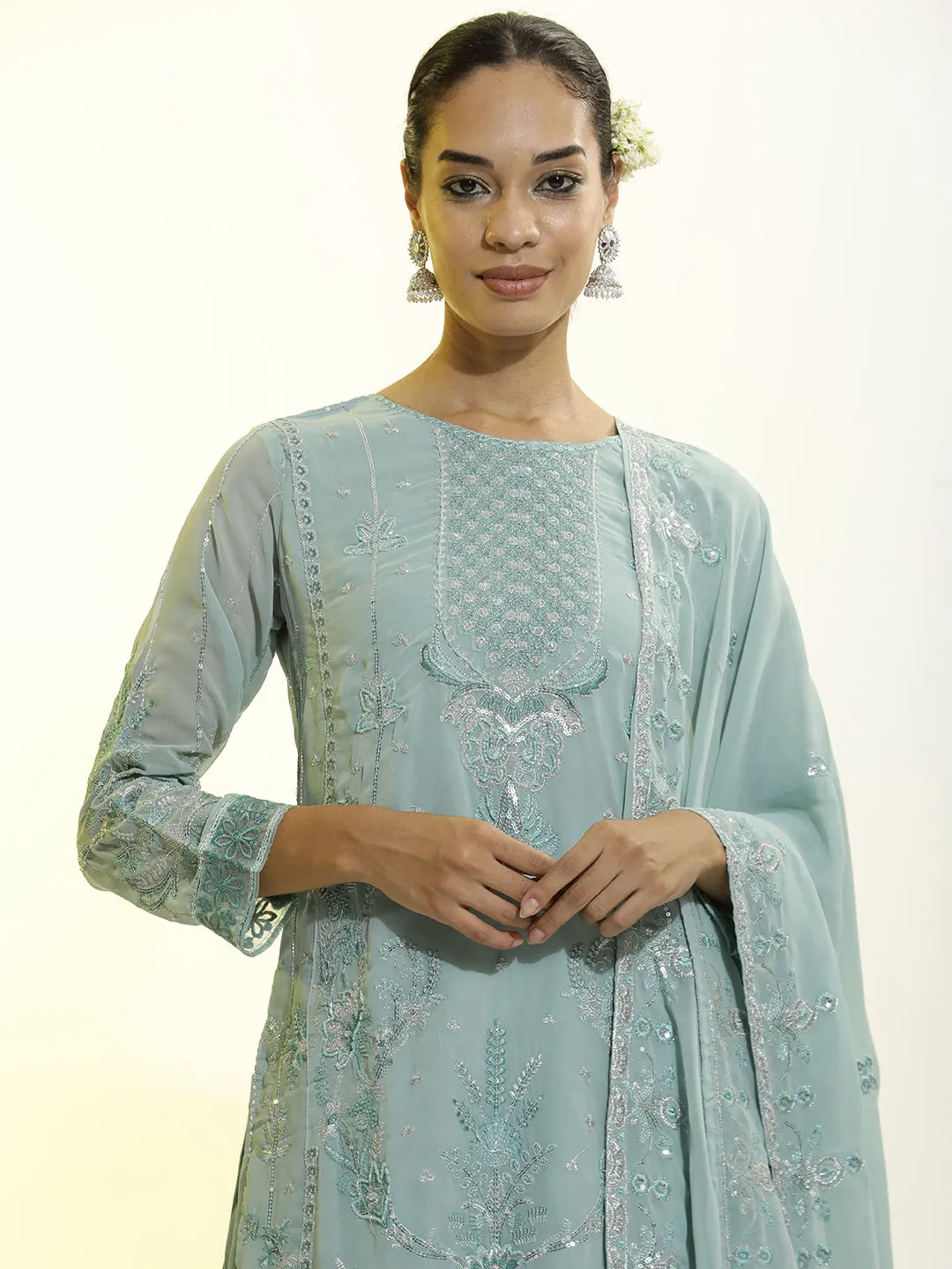 Sequins Embroidered Georgette Festive Kurta Set With Dupatta