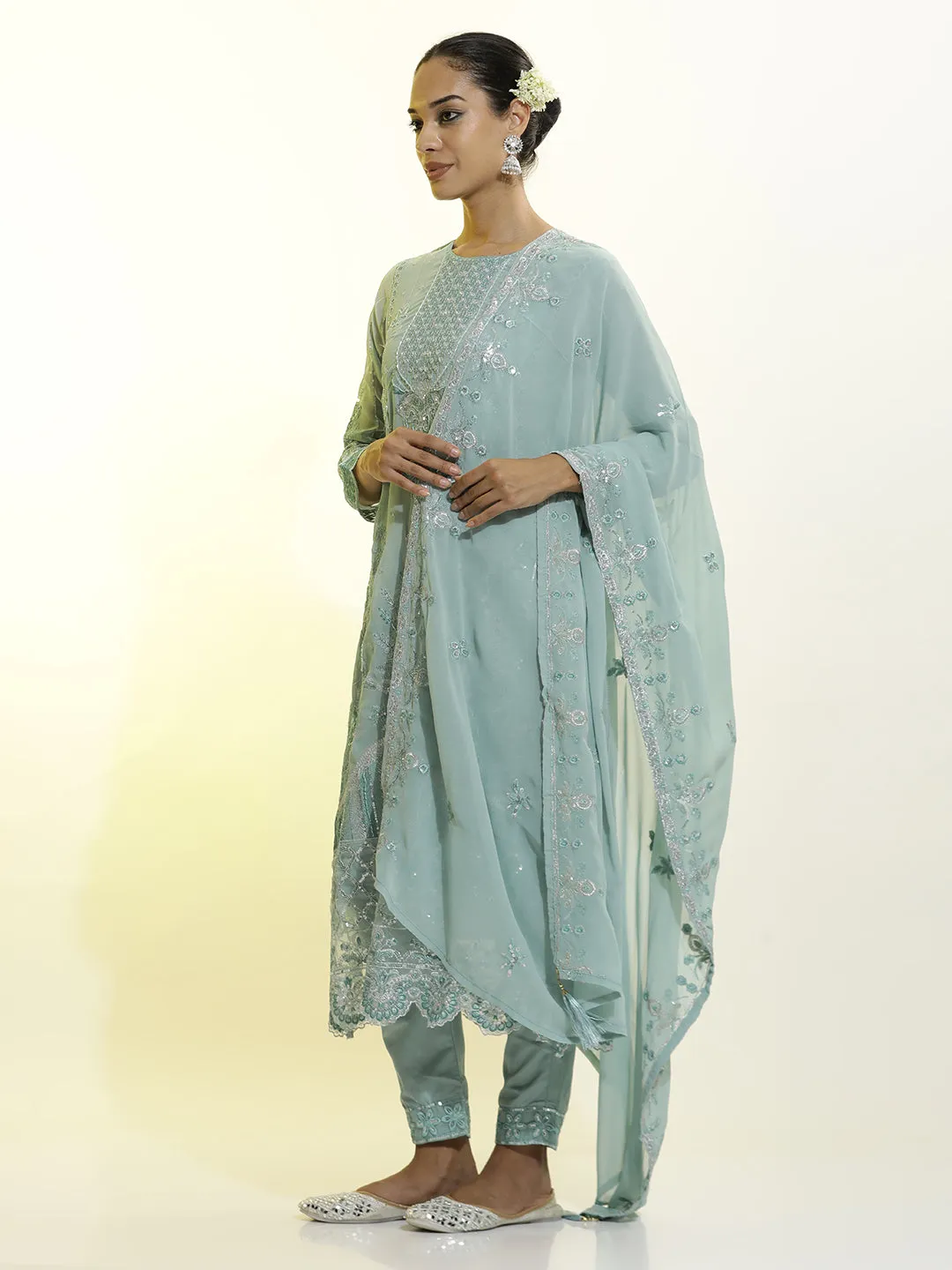 Sequins Embroidered Georgette Festive Kurta Set With Dupatta