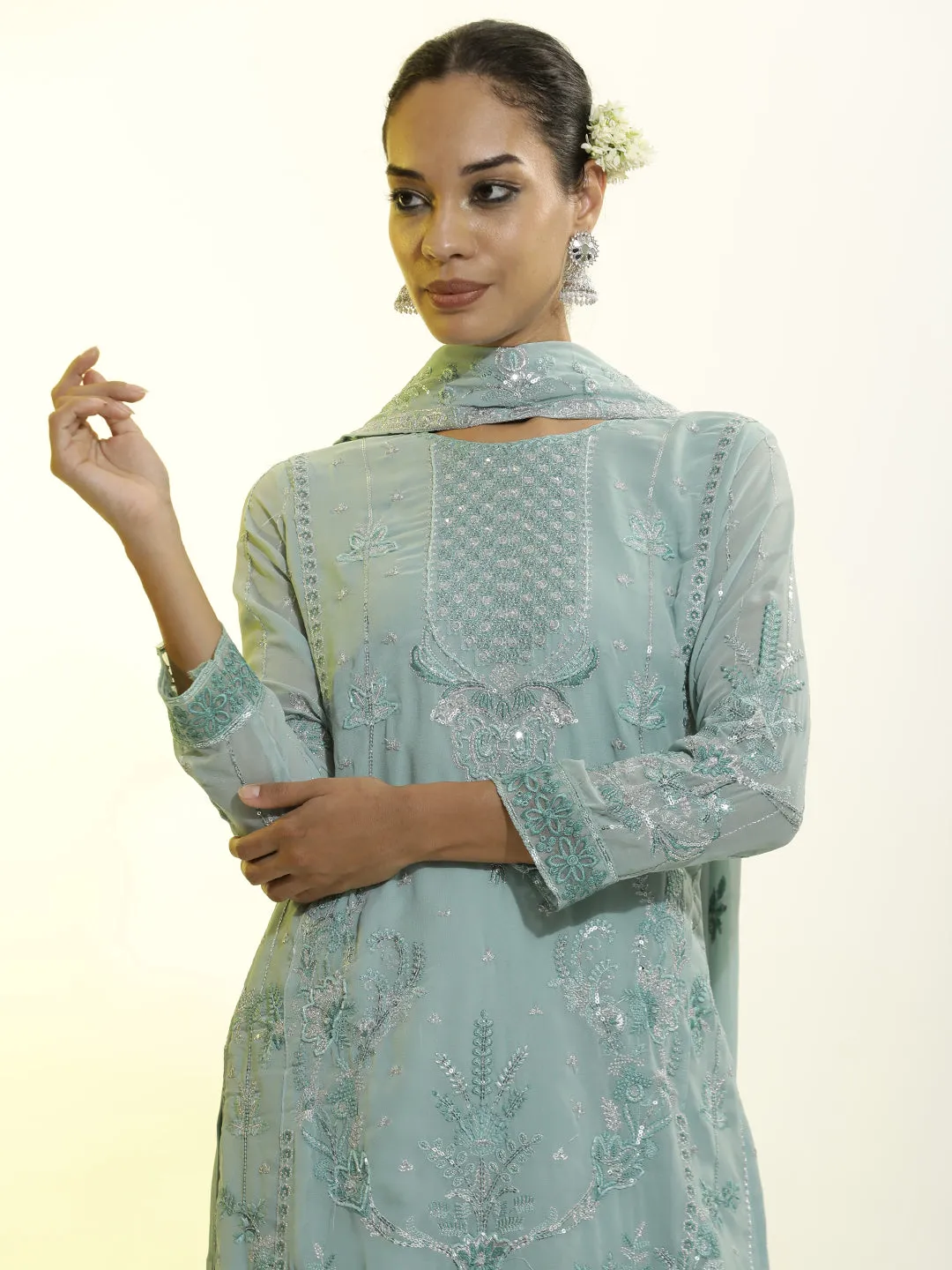 Sequins Embroidered Georgette Festive Kurta Set With Dupatta