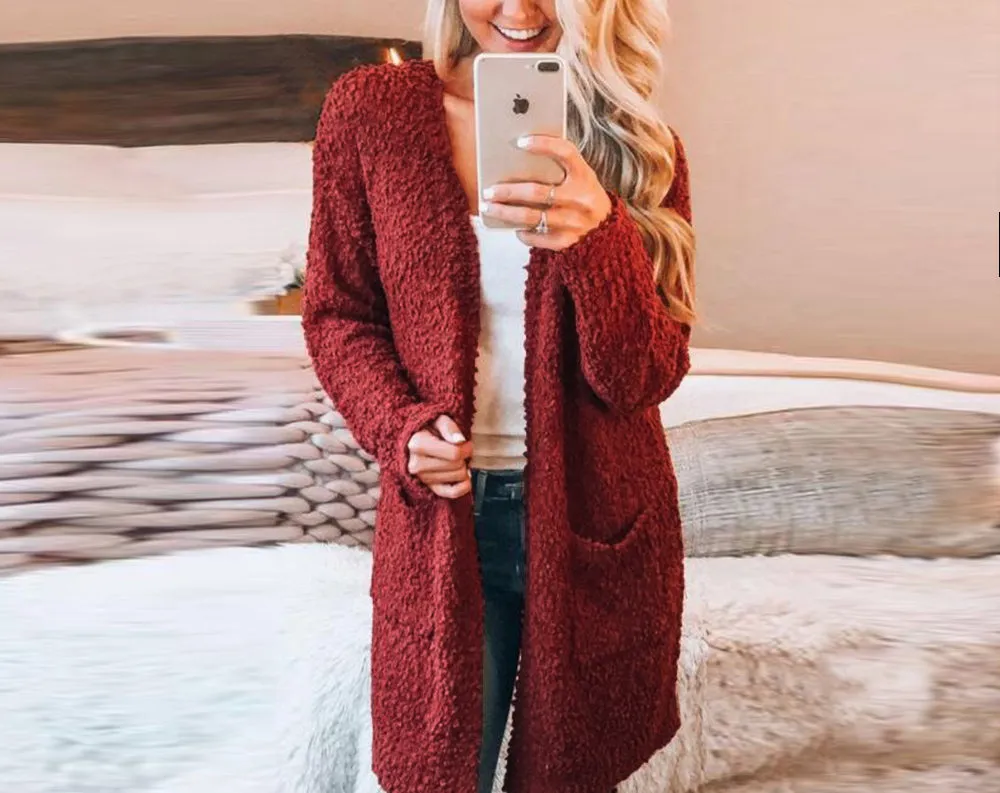 Seven-color Long-sleeved Cardigan Pocket Sweater Coat