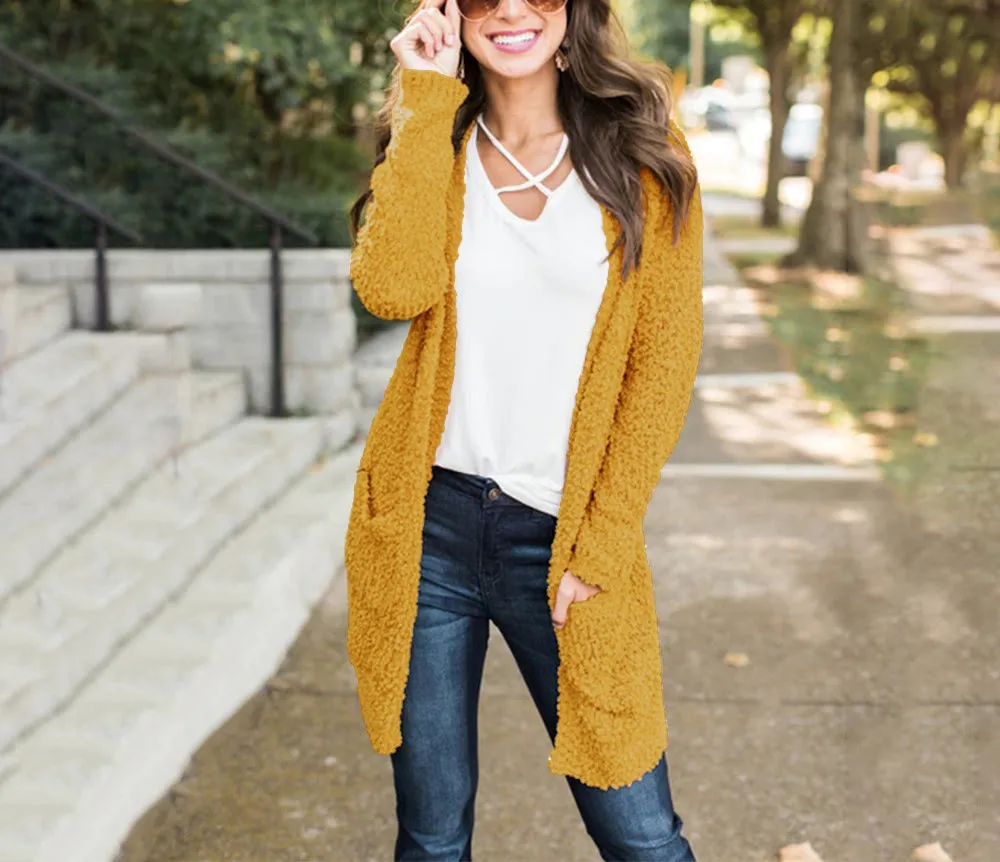 Seven-color Long-sleeved Cardigan Pocket Sweater Coat