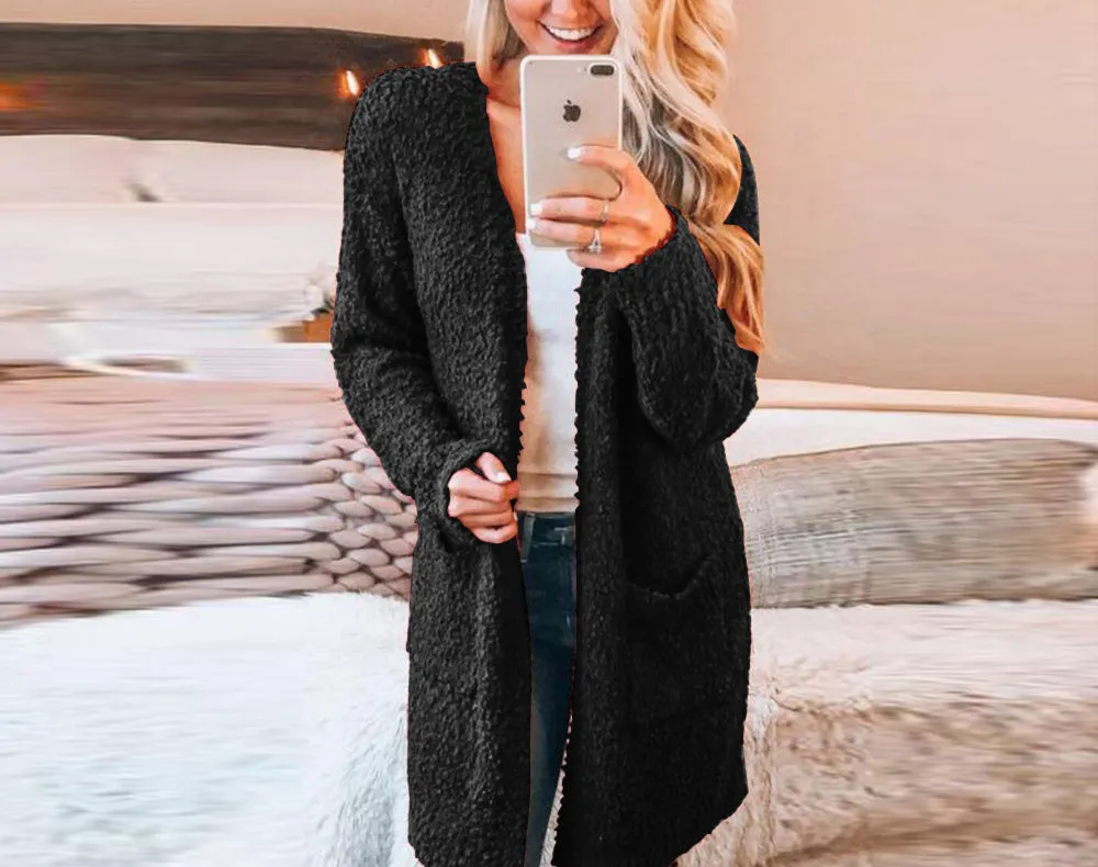 Seven-color Long-sleeved Cardigan Pocket Sweater Coat