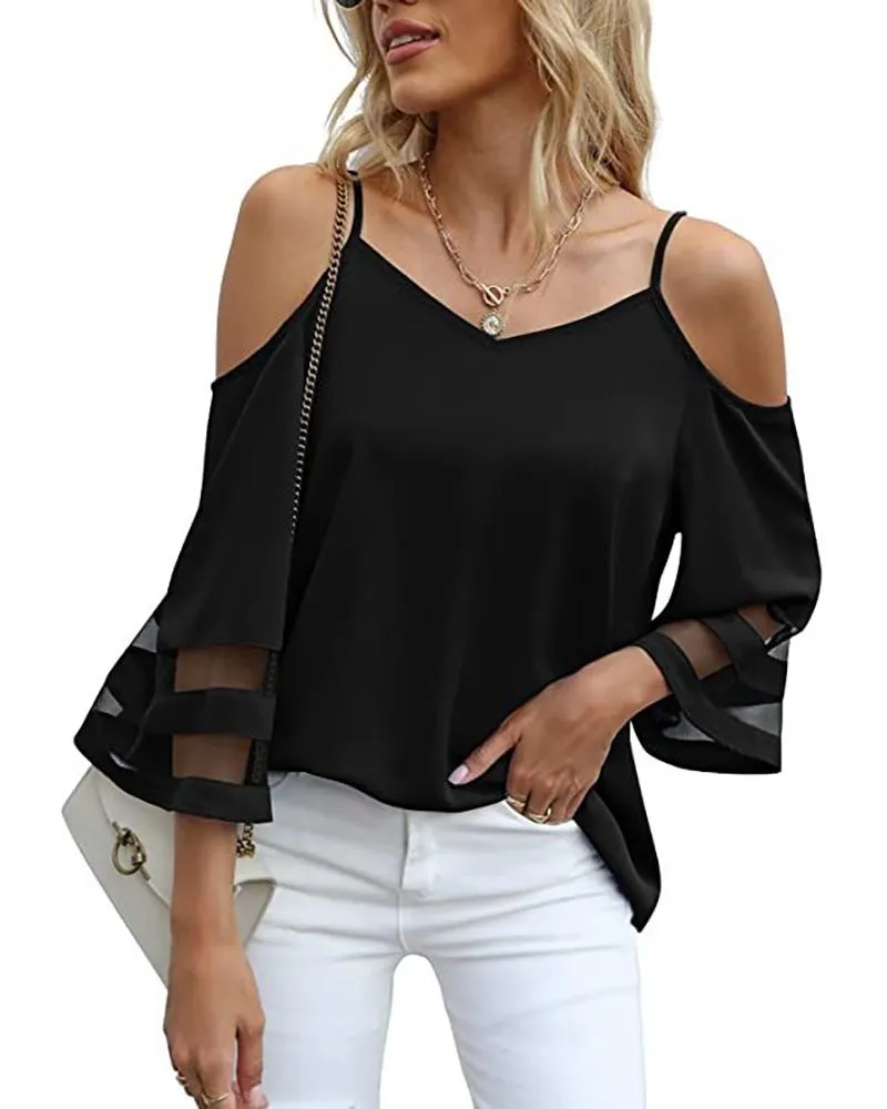 Sheer Mesh Patch Bell Sleeve Cold Shoulder Top