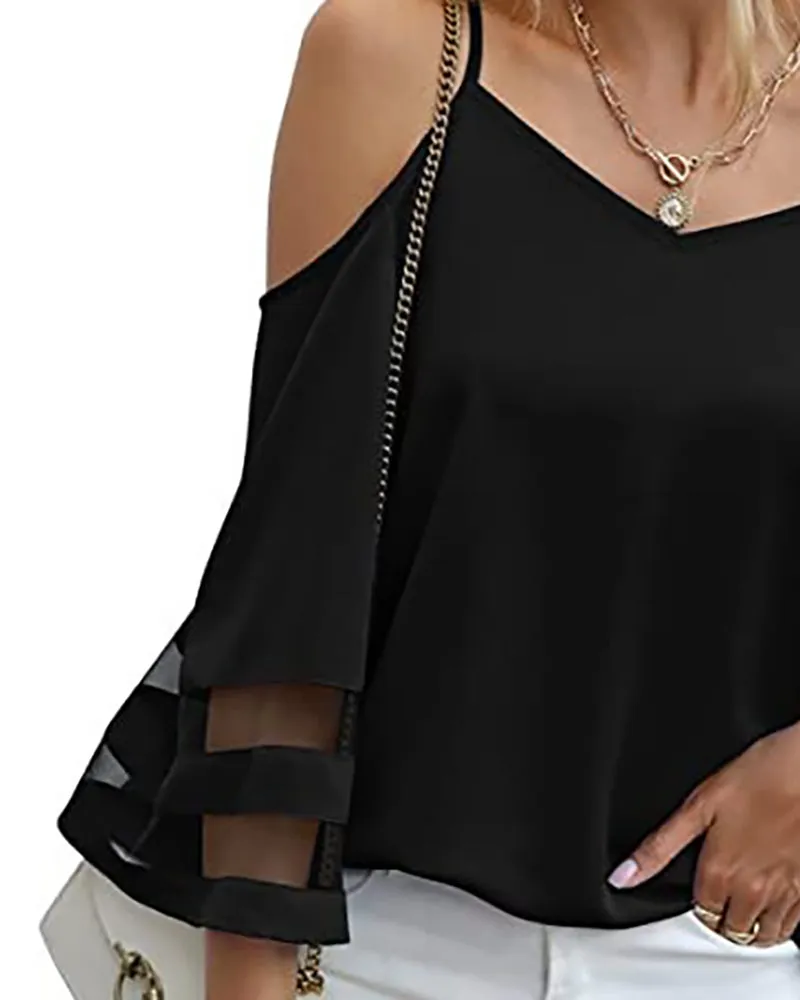 Sheer Mesh Patch Bell Sleeve Cold Shoulder Top