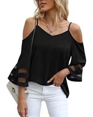 Sheer Mesh Patch Bell Sleeve Cold Shoulder Top