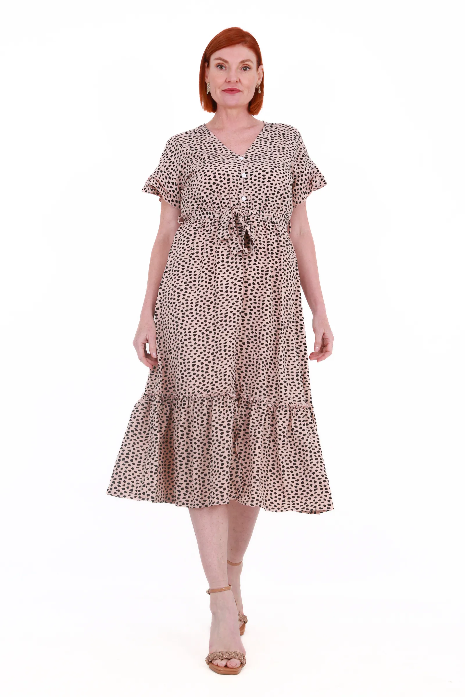 Short sleeve ruffle dress with waist tie- Polka dot