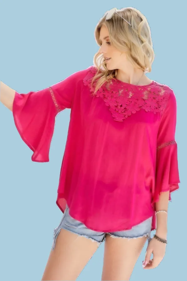 Size Small Fuchsia Floral Mesh Lace Top Bell Sleeves