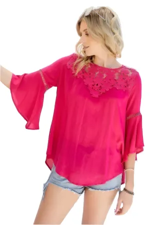 Size Small Fuchsia Floral Mesh Lace Top Bell Sleeves