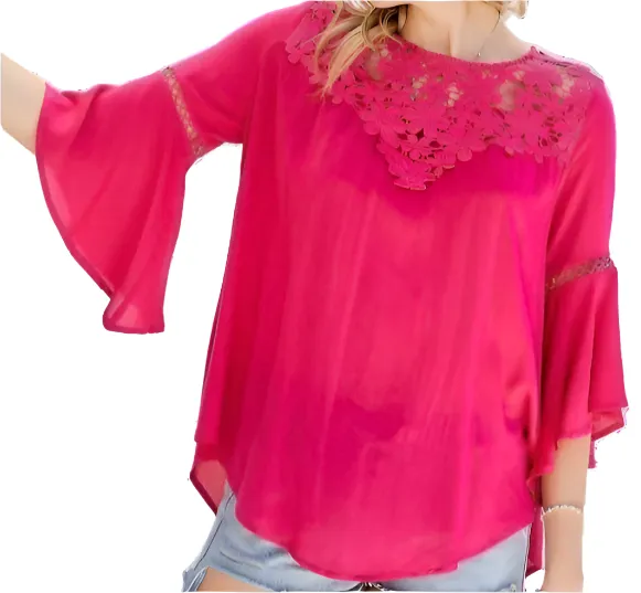 Size Small Fuchsia Floral Mesh Lace Top Bell Sleeves