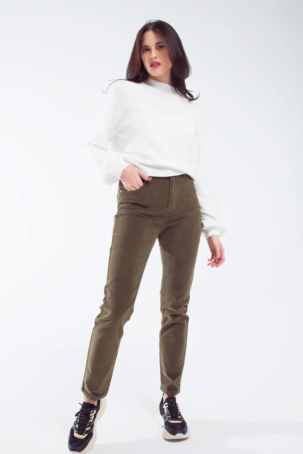 skinny cord pants in olive green
