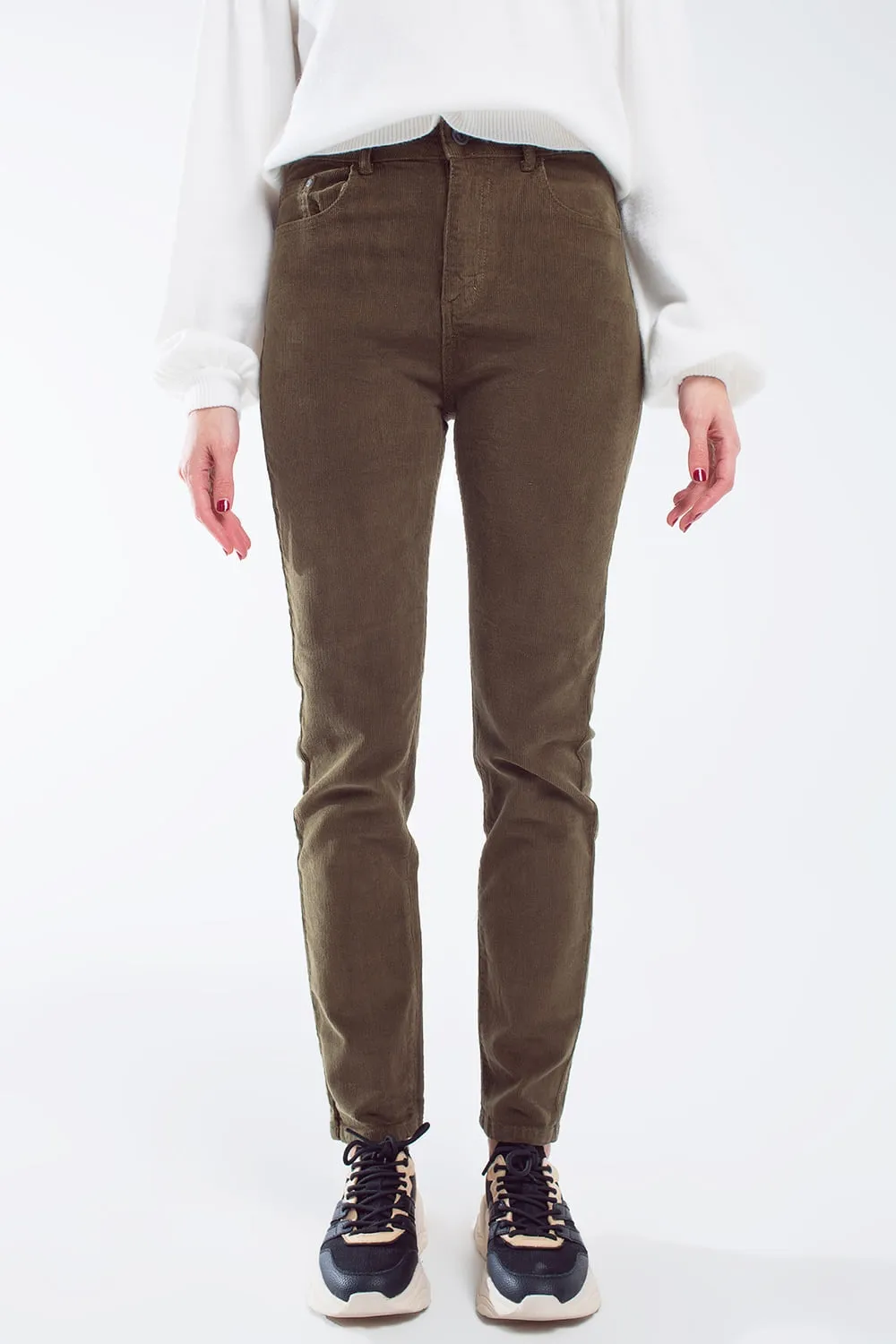 skinny cord pants in olive green