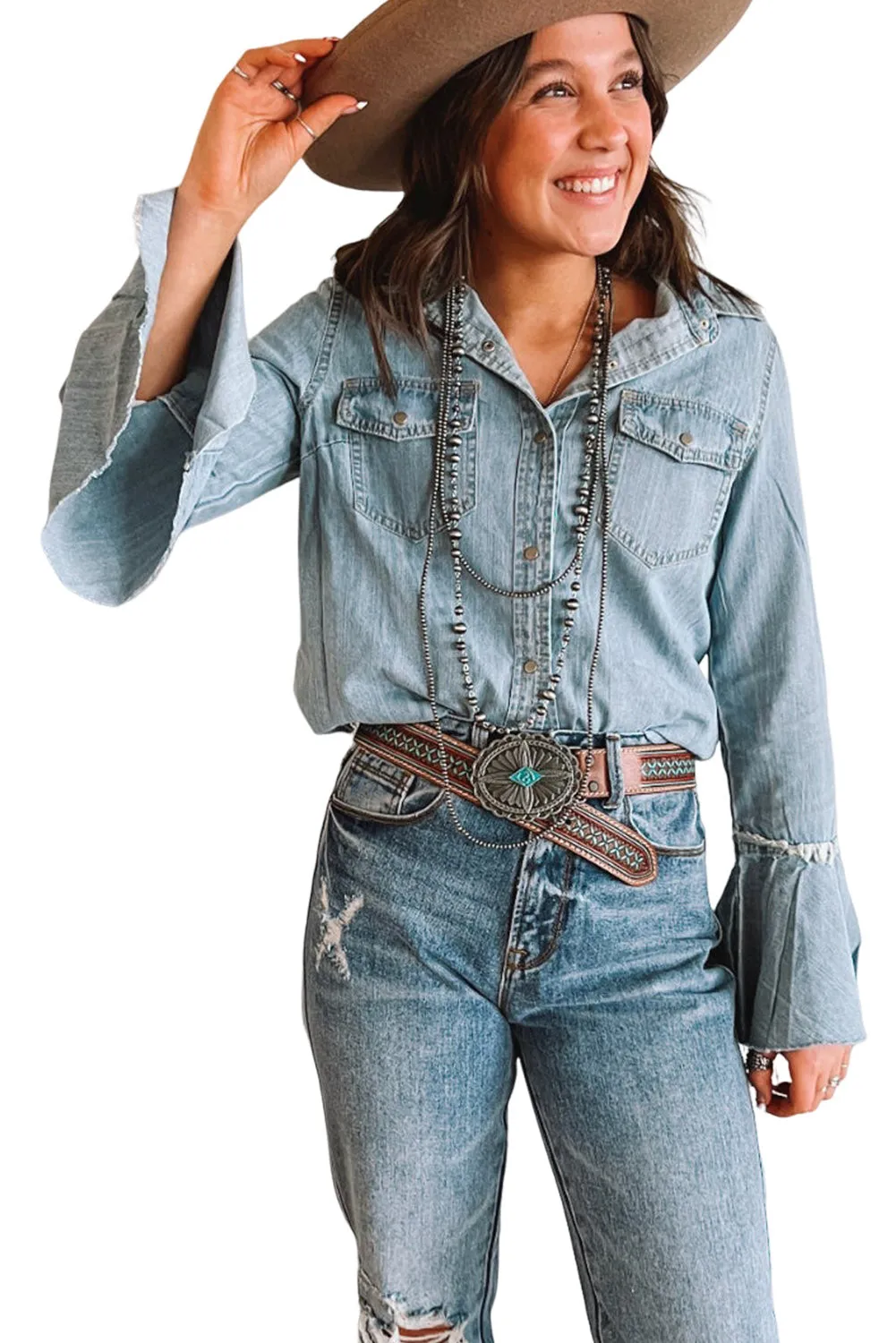 Sky Blue Chest Pockets Bell Sleeve Buttoned Denim Jacket