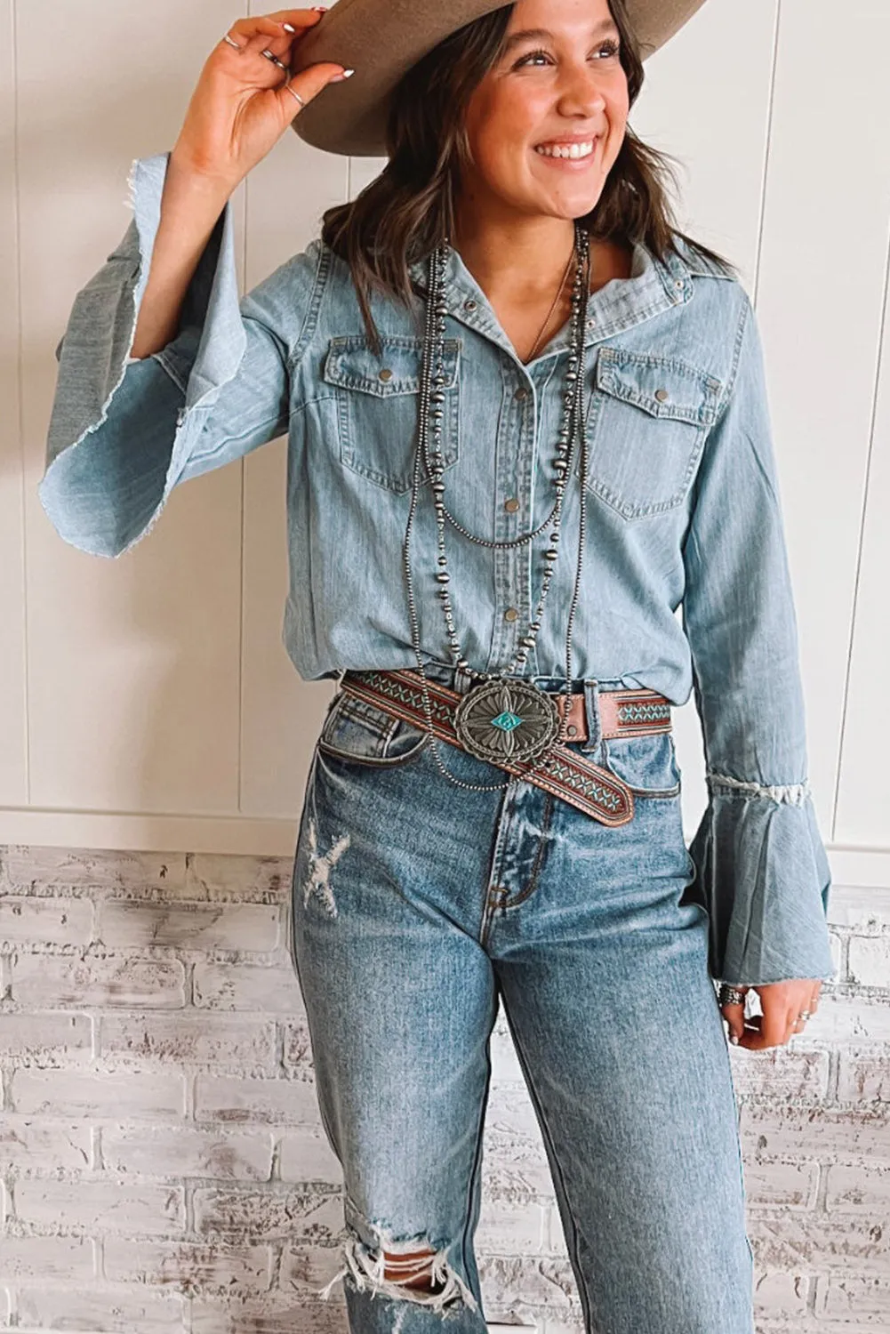 Sky Blue Chest Pockets Bell Sleeve Buttoned Denim Jacket