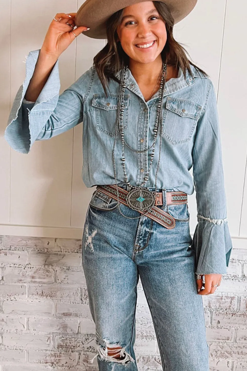Sky Blue Chest Pockets Bell Sleeve Buttoned Denim Jacket
