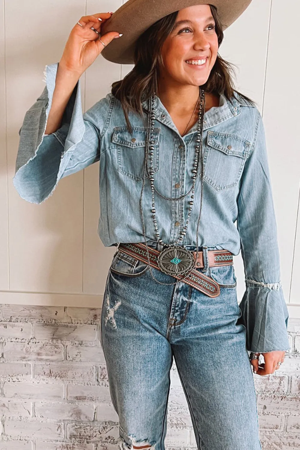 Sky Blue Chest Pockets Bell Sleeve Buttoned Denim Jacket