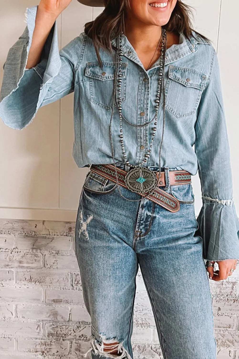 Sky Blue Chest Pockets Bell Sleeve Buttoned Denim Jacket