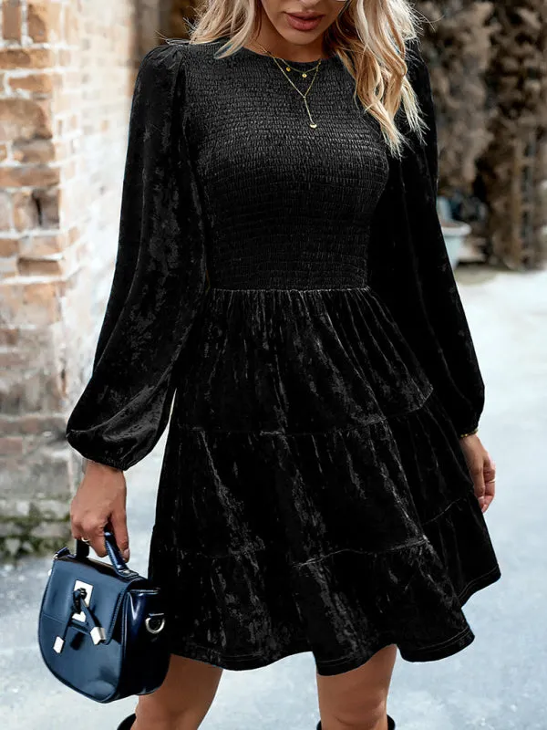 Smocked Bodice Velvet Dress with Tiered Skirt and Long Sleeves
