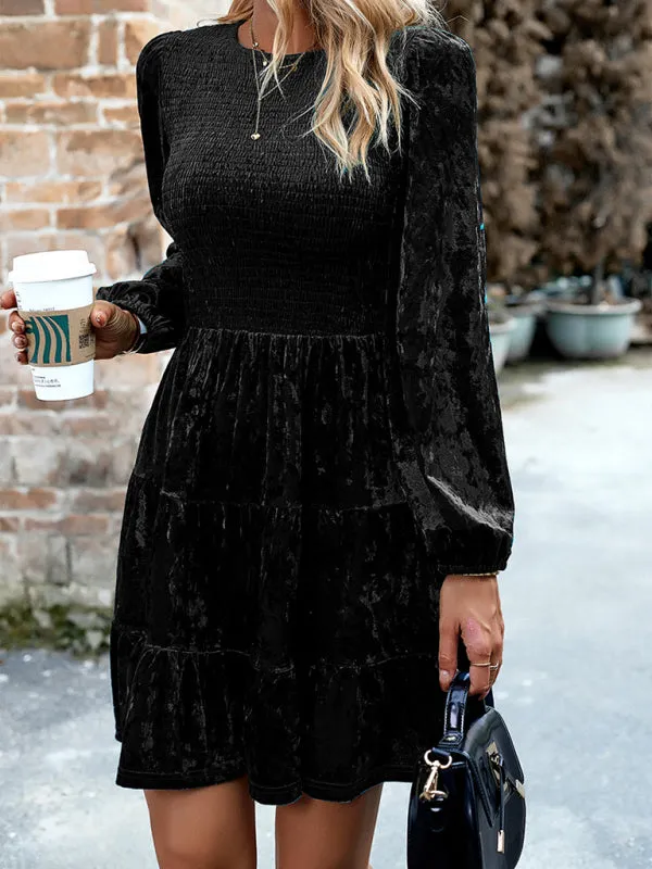 Smocked Bodice Velvet Dress with Tiered Skirt and Long Sleeves