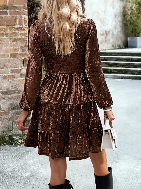 Smocked Bodice Velvet Dress with Tiered Skirt and Long Sleeves