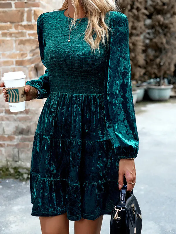 Smocked Bodice Velvet Dress with Tiered Skirt and Long Sleeves