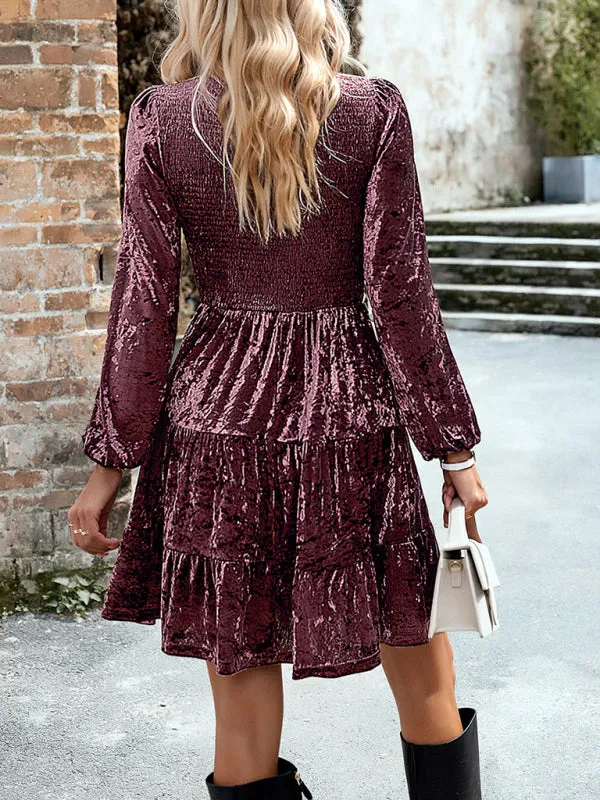 Smocked Bodice Velvet Dress with Tiered Skirt and Long Sleeves