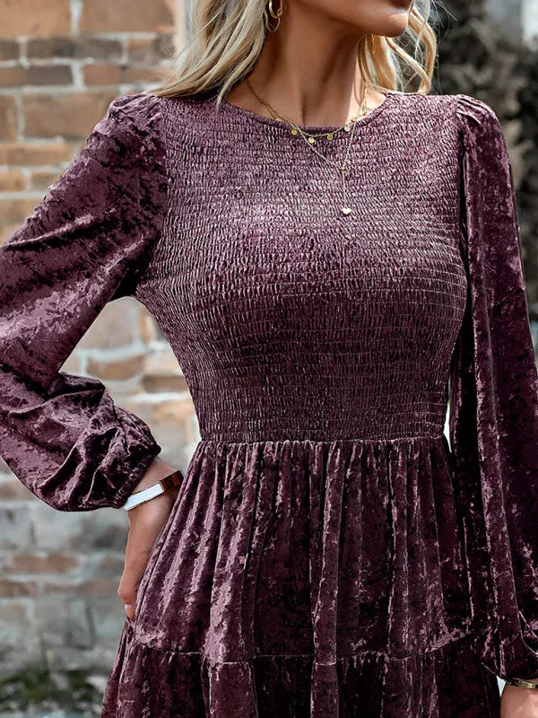 Smocked Bodice Velvet Dress with Tiered Skirt and Long Sleeves