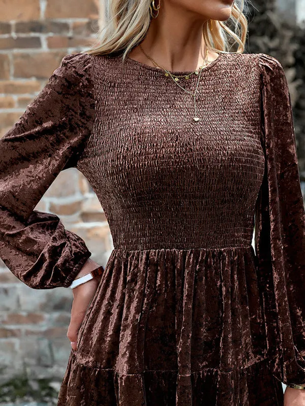 Smocked Bodice Velvet Dress with Tiered Skirt and Long Sleeves