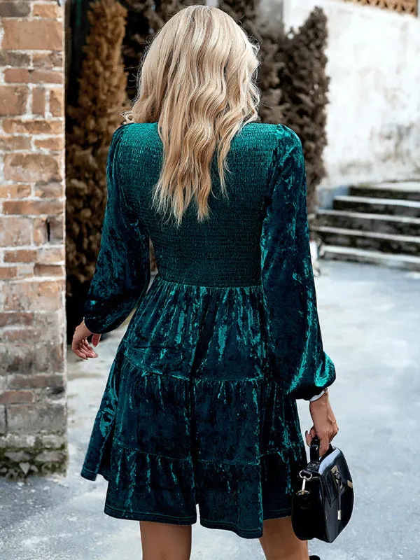 Smocked Bodice Velvet Dress with Tiered Skirt and Long Sleeves