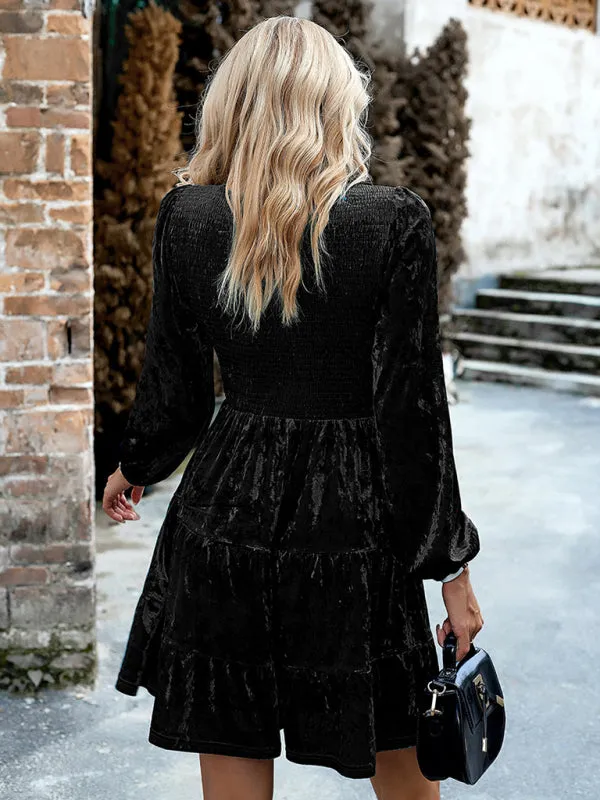 Smocked Bodice Velvet Dress with Tiered Skirt and Long Sleeves