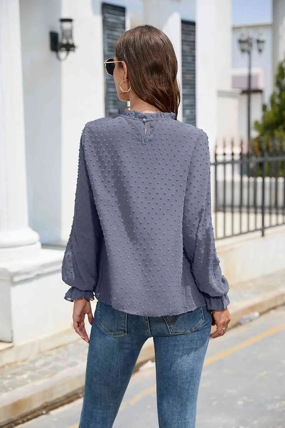 Smocked Mock Neck Swiss Dot Top (10 Colors)